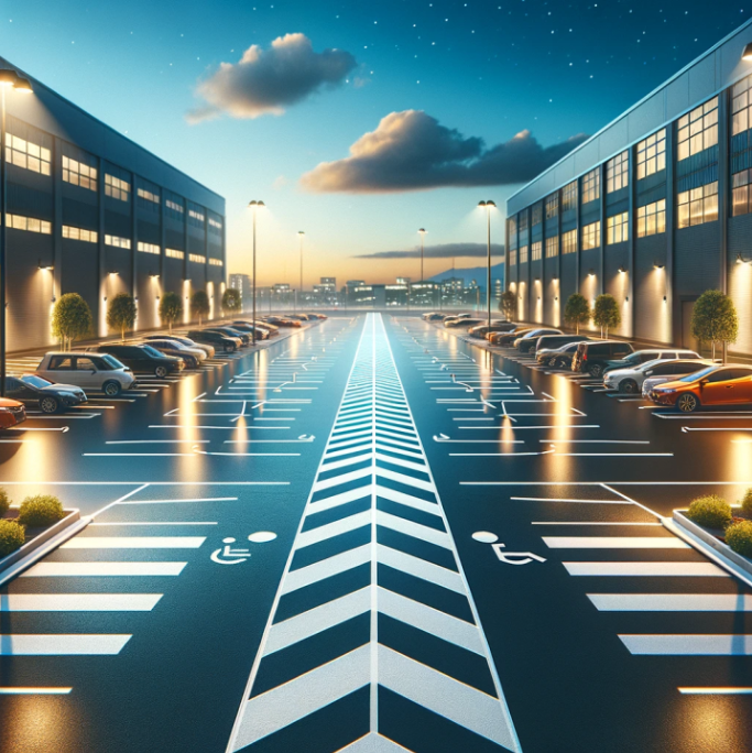 futuristic photo of a parking lot with super organized parking and lined