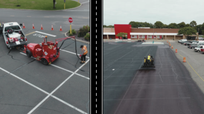 drone images of crew sealing cracks in paving