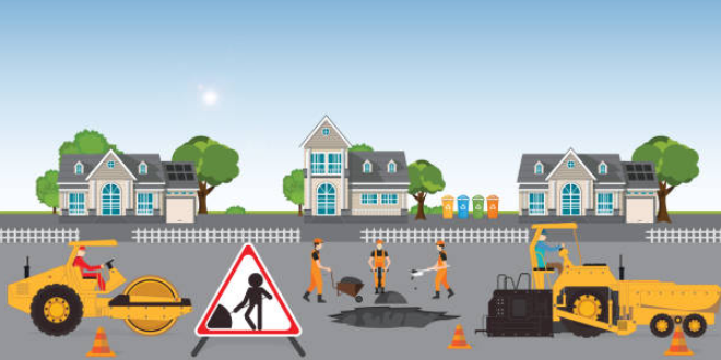 cartoon illustration of a paving crew in front of a row of houses